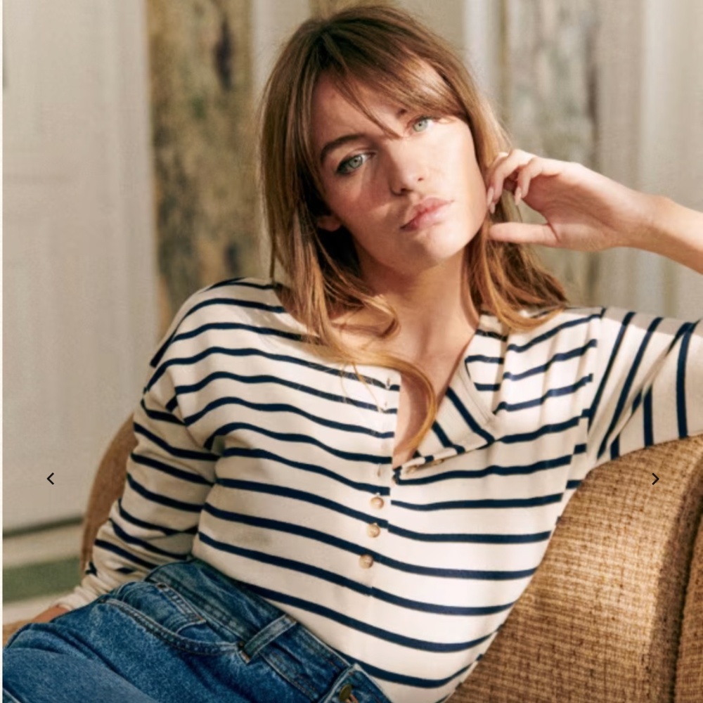 Sezane Cream and Navy Striped Long-Sleeve Henley Top